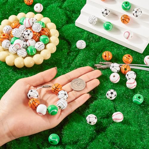 Sport Thema 15mm Kralen Keychain Making Kit 80Pcs Ronde Tennis Europese Kralen Basketbal Basketbal Bal Grote Hole Kralen voor DIY Handgemaakte sieraden maken 3