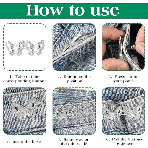 4 Sets Butterfly Pants Taist Tightener, verstelbare Taist Buckle Set Afneembare Knop Aansteker Knoppen Knoppen voor Broek Jeans Rokken Mouwen, Zilver, One Size, zilver 5