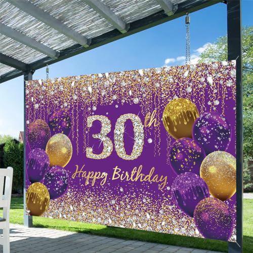 30e verjaardag decoratie voor vrouwen, paarse glitter vlekken stof teken poster verjaardag feest decoratie, 30e verjaardag achtergrond banner vrouw, 30e verjaardag feest decoratie 5