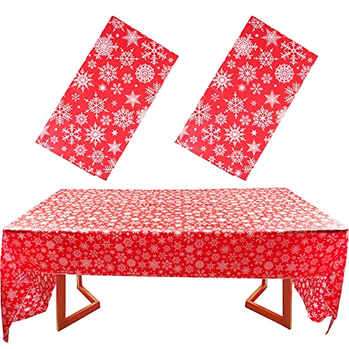 2 stuks Kerstmis Tafeldoek, Rood, 137 x 274 cm, Rechthoekige, Waterafstotende Sneeuwvlokken, Wasbare Plastic Tafellaken voor Party, Kerstmis, Verjaardag etc.