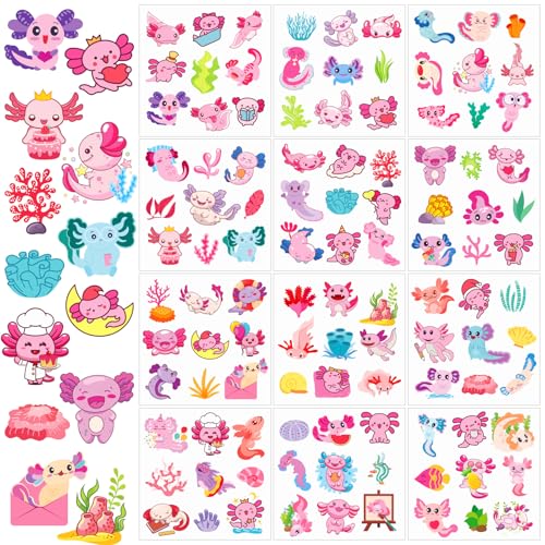 12 Vellen Axolotl Stickers, Roze schattige dieren Stickers voor kinderen Tieners en volwassenen Kawaii voor waterflessen Laptop Scrapbook Klaslokaal Schoolfeest Favoriete verjaardag Decoratie
