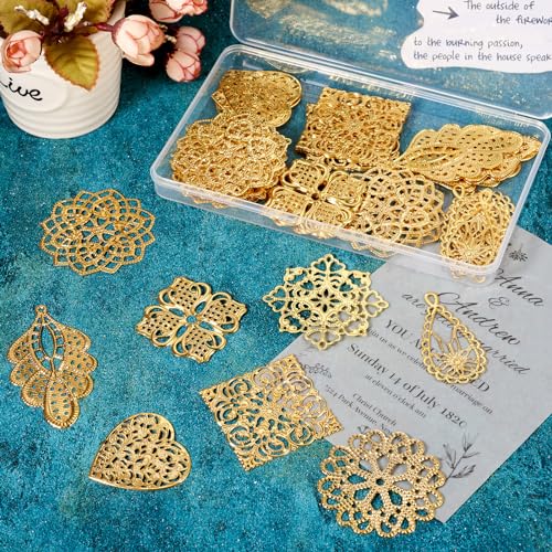 48st Gold Filigree Connector Hangers 6 Styles Classic Plating Flower Charms Ornamenten voor oorbellen ketting sieraden maken ambachten