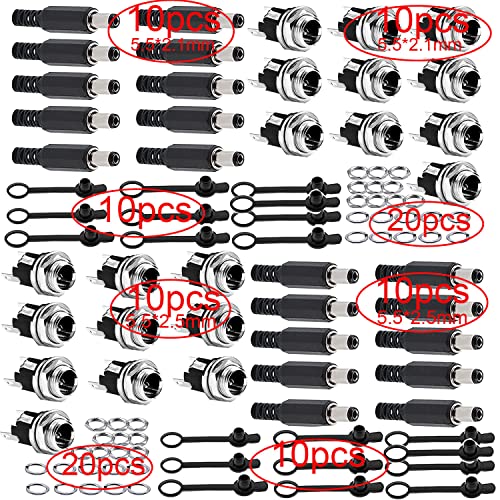 100 stuks DC Holle Socket Set 5.5 x 2,1 mm 5,5 x 2,5 mm, DC-plug Soldeer Connector, Low Voltage Connector, DC Power Mounting Connector met rubber beschermventielen voor audio/video/Mobile