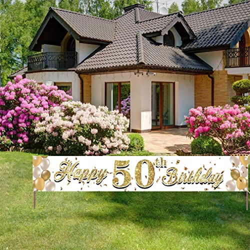 Happy 50th Birthday Decoration Fabric Sign Poster 50 Year Old Garden Decoration Gold Ballon Garden Banner - 3m x 0,5m - Birthday Party Suips Outdoor & Indoor Welcome Sign for Husband and Wife