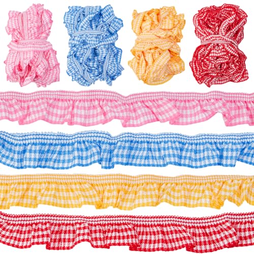 19,69 Yard/18 m Gingham Elastische Trim, 2 cm Brede Gingham Ruche Geplooide Kant Linten Stretchy Geplooide Rand Tremmin voor Kleding Decoratie Naaien Ambacht, 4 Kleuren, 4,92 Yards/4,5 m/Kleur