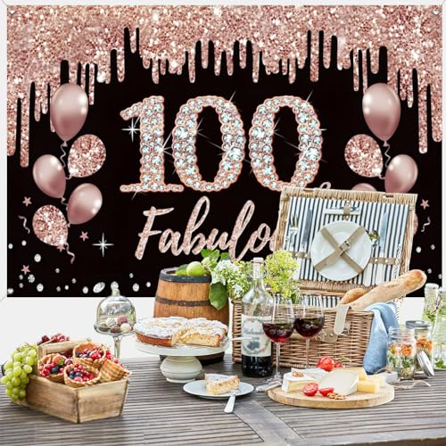 100e verjaardag decoratie voor vrouwen, 100e verjaardag decoratie zwart en roos goud glitter vlekken stof schild poster, 100e verjaardag achtergrond banner vrouw 100e verjaardag feest decoratie 4