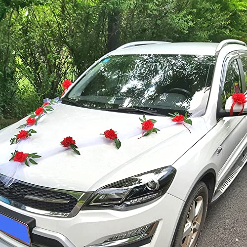 Organza Garland auto bruid paar rozen bruiloft decoratie bloem decoratie auto decoratie achteruitzicht spiegel decoratie voor bruiloft auto bruiloft nieuw huis partij wit