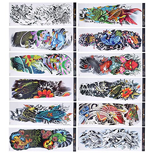 Tijdelijke Tattoos 12 Vellen Kleurrijke Full Arm Fake Tattoos Waterdichte Tijdelijke Tattoo Sticker voor Heren Vrouwen (170 X 480mm) 4