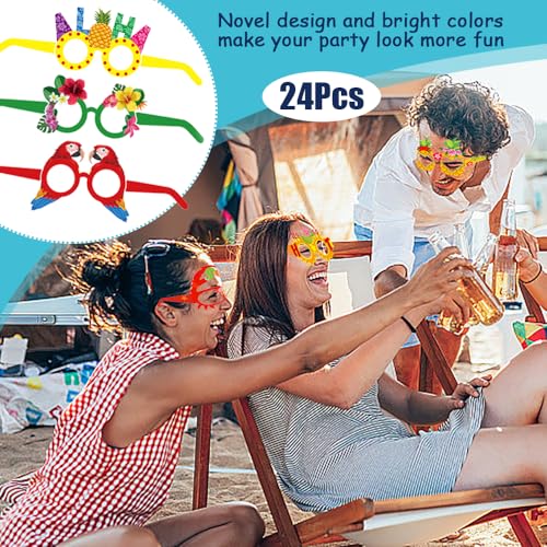 Hawaiian Party Glazen, 24 stuks, Paper Party Glazen, Paper Glazen voor Strand, Zwembad, Party, Tropical Dress Up, Glazen Frame, Zomer, Grappig Hawaiian Glazen Decoraties voor 4