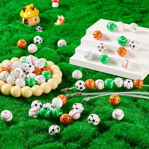Sport Thema 15mm Kralen Keychain Making Kit 80Pcs Ronde Tennis Europese Kralen Basketbal Basketbal Bal Grote Hole Kralen voor DIY Handgemaakte sieraden maken 5