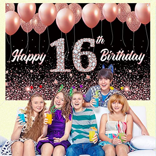 16e verjaardag meisje decoratie, 16e verjaardag Banner roze 16e Verjaardagsstof Tekenposter,16e Verjaardag achtergrond Banner meisjes verjaardag feest decoratie 3