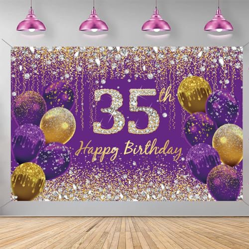 35e verjaardag decoratie voor vrouwen, paarse glitter vlekken stof teken poster verjaardag feest decoratie,35e verjaardag achtergrond banner vrouw,35e verjaardag feest decoratie