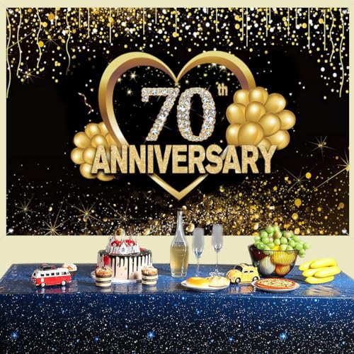 Gelukkige 70e verjaardag achtergrond decoraties, Gelukkig 70e verjaardag banner, 70e verjaardag feest poster accessoires stof board poster, zwart goud jubileum koeko foto achtergrond 4