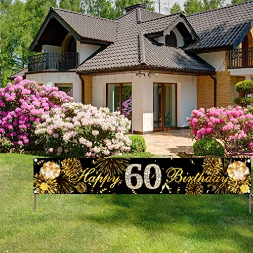 60e verjaardag decoratie tuin banner zwart en goud tuin decoratie banner stof teken 60e verjaardag feest welkom teken poster man en vrouwen 60 jaar oud partij benodigdheden