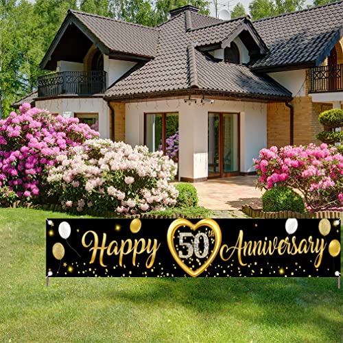 Happy 50th Anniversary Banner, 50th Bruiloft Anniversary Party Decoration Party Poster Garden/Yard/Wall/Table/Cake Decor Fabric Sign Poster, Black Gold Party Wekelome Teken 300cm x 50cm 3