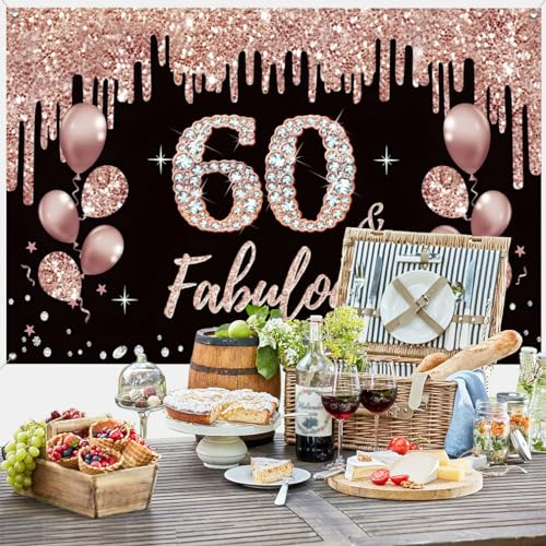 60e verjaardag decoratie voor vrouwen, 60e verjaardag decoratie zwart en roos goud glitter vlekken stof teken poster 60e verjaardag achtergrond banner vrouw 60e verjaardag feest decoratie 4