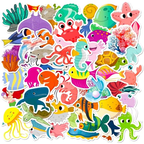 Meerestier Stickers voor jongeren en volwassenen, 50 stuks, vinyl stickerset, auto, motorfiets, fiets, skateboard, snowboard, bagage, laptop, koffer, helm, motorfiets, computer