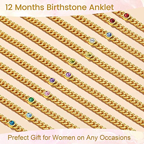 Gouden ronde hart enkel armband met geboortesteen voor vrouwen, 12 maanden Sparkling Crystal Enkelband Anniversary sieraden voor haar, verjaardag ketting voor moeder dochter, steen, synthetische robijn 4