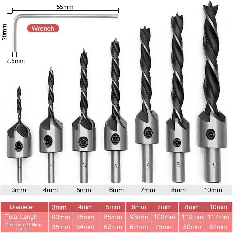 7PC Houtbewerking Chamfering Countersunk Head Countersunk Schroef Boor Hole Opener Reaming Drill Five-Blade Chamfering Apparaat met Hex Wrench
