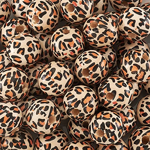 50st Gedrukt houten ronde kralen Leopard Patts 13x12mm Spacer Large Hole Losse kralen voor Macrame ambachten DIY sieraden gat:3mm 3