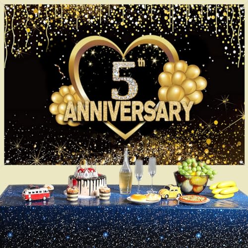 Gelukkige 5e verjaardag achtergrond decoraties, gelukkig voor 5 jaar verjaardag Banner, 5e bruiloft Party Poster Accessoires Stof Tekenposter, Black Gold Anniversary Cookies Foto Achtergrond 4
