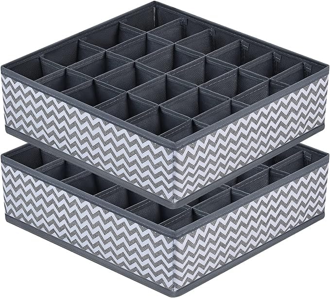 Set van 2 Vouwbare Niet-Woven Lade Organizer, 24 Opslag Compartments voor Sokken, Sjaals, Ties (Grey Wave Pattern, Grey)