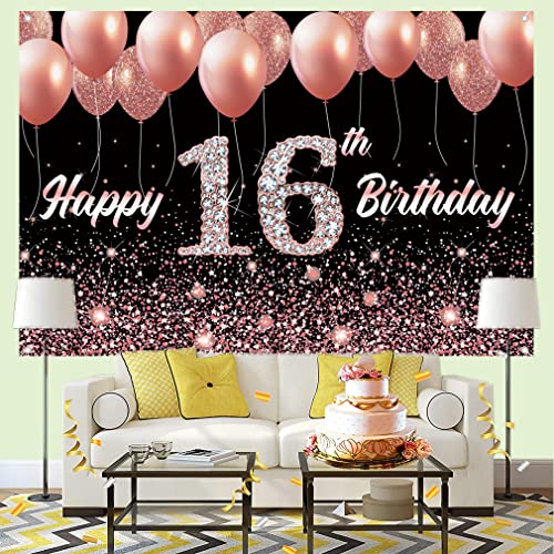 16e verjaardag meisje decoratie, 16e verjaardag Banner roze 16e Verjaardagsstof Tekenposter,16e Verjaardag achtergrond Banner meisjes verjaardag feest decoratie 4
