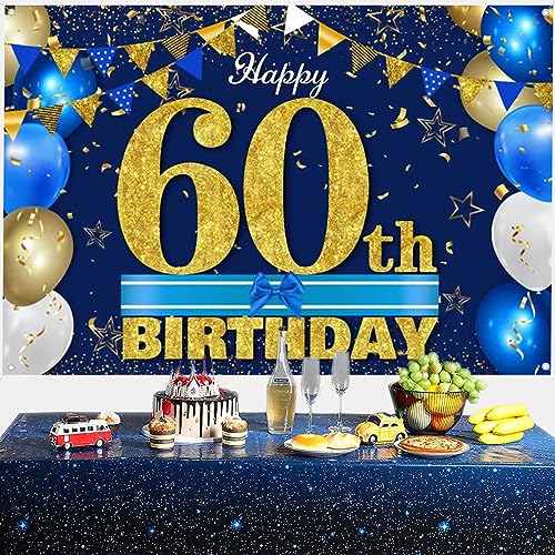 60e verjaardag Decoratie voor mannen/vrouwen, 60e Verjaardagsstof Tekenposter 60th Anniversary Party Achtergrond Banner Verjaardag Decoratie Blauw en Goud, 1.5 Meters 4