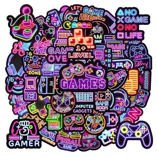 Neon Games Stickers voor jongeren en volwassenen, 50 stuks, neon game, vinyl stickers, set, auto, motorfiets, fiets, skateboard, snowboard, bagage, laptop, koffer, helm, motorfiets, computer