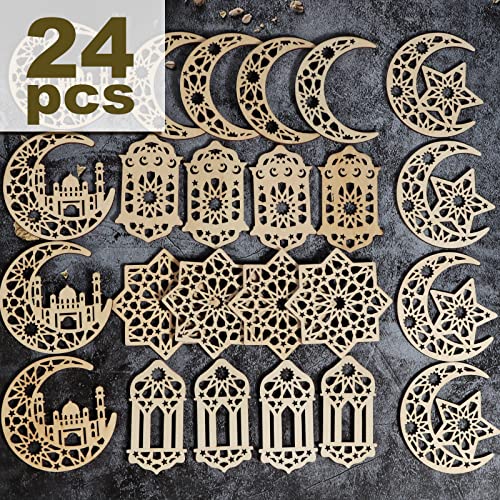 24st Eid Ramadan Houten Decoratie Maan Star Wind Licht Kasteel Vorm Ornament Eid Hangende Decoraties voor Home Mubarak Party Supply 5