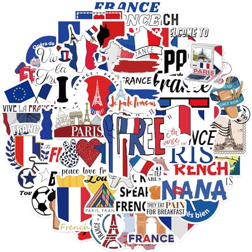 Frankrijk Sticker set Stickers voor kinderen tieners, 50 stuks, Frankrijk, Waterdichte Vinyl Stickers, Laptop, Skateboard, Koffer, Helm, Auto, Fiets, Mobiele telefoon, Motorfiets, Fiets, Scrapbook