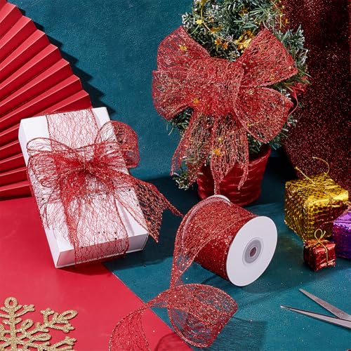 Sparkling Glitter Mesh Ribbon, 6,3cm brede bedrade rand Kerstlint Sparkling Stof Ribbon voor Home Decor, Bow, Gift Wrapping, Naaiaccessoires, Rood 4