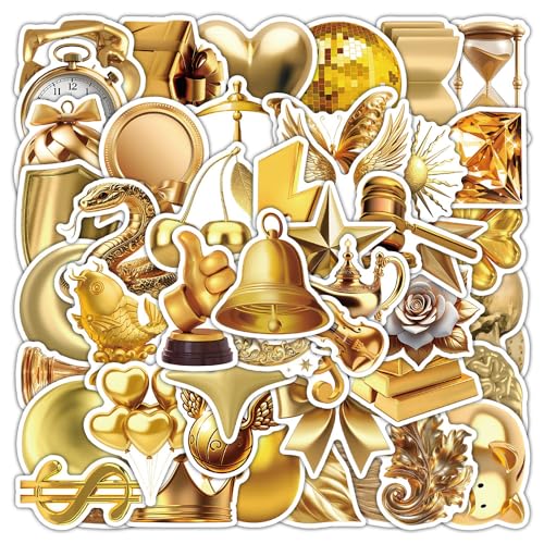 Gold Stickers voor tieners en volwassenen, 50 stuks, Gold Vinyl Sticker Set, Auto, Motorfiets, Fiets, Skateboard, Snowboard, Bagage, Laptop, Koffer, Helm, Motorfiets, Computer