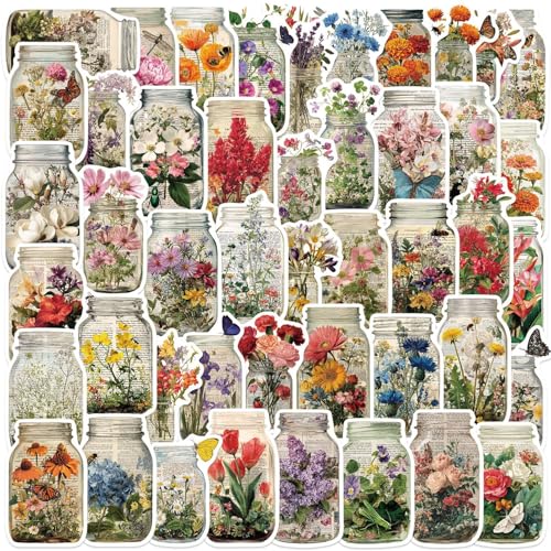 Vintage bloemenflesstickers voor jongeren en volwassenen, 50 stuks, vintage bloem, vinyl stickerset, auto, motorfiets, fiets, skateboard, snowboard, bagage, laptop, koffer, helm, motorfiets, computer 3