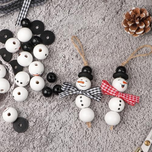 10 sets van sneeuwman houten kralen kits Xmas kraal met hennep touw rode plaid lint voor kerstboom DIY ambachten maken nieuwjaar feest decoraties 4