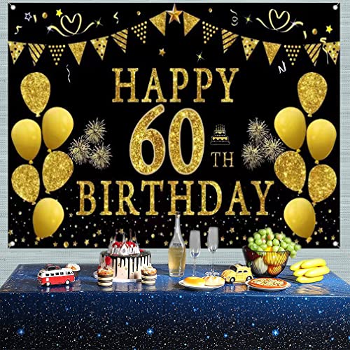 60e verjaardag Decoratie voor mannen / vrouwen 60e Verjaardagsstof Tekenposter 60th Birthday Party Achtergrond Banner Verjaardag Decoratie zwart en goud 150cm x 90cm 4