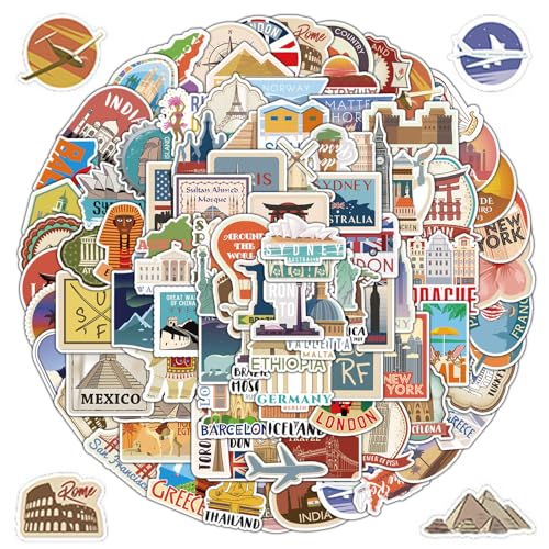 World Travel Stickers, 100 stuks Stickers Vakantie koffer Stickers Beroemde symbolen Bezienswaardigheden Reizen Stickers Waterdichte Vintage Travel Sticker Set voor koffer, auto, fiets, laptop, helm