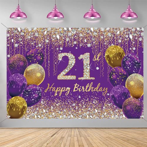21ste verjaardag decoratie voor vrouwen, paarse glitter vlekken stof teken poster verjaardag feest decoratie,21ste verjaardag achtergrond banner vrouw,21ste verjaardag feest decoratie