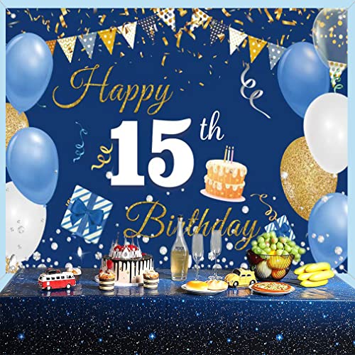 15e Verjaardag Decoraties voor jongens / meisje, 15 jaar oude achtergrond Banner Stof Tekenposter, Gelukkig 15e Verjaardag Partij levert Blauwe Fotografie Achtergrond Welkom Teken, 150cmx90cm 4