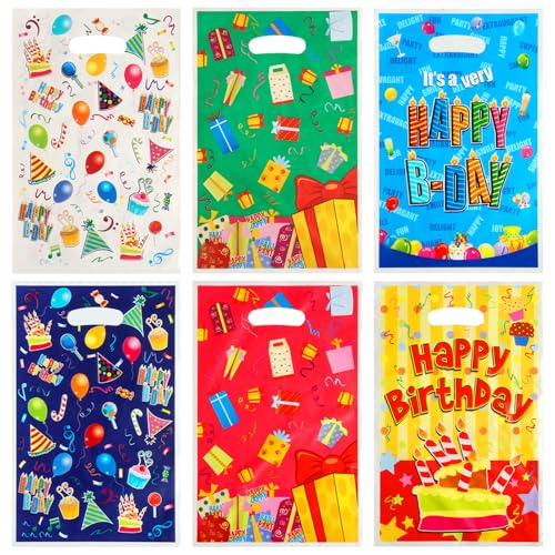 60 stuks Multicolor Verjaardagsfeesttassen, Plastic Goodie Favor Bag leuke meisjes en jongens verjaardag feest leveringen voor Goodie Sweets Treat Candy Present Cookies, 6 stijlen