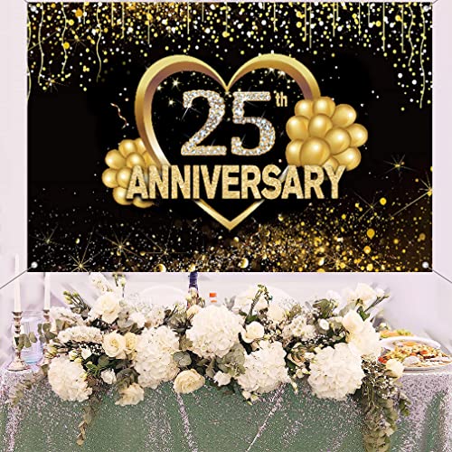 Happy 25th Anniversary Decoration Banner, 25th bruiloft Anniversary Party Supplies Fabric Sign Poster, zwart en goud achtergrond Decor foto achtergrond Welkom Sign, 150cmx90cm 4