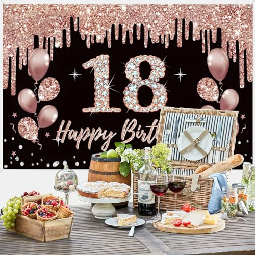 18e verjaardag decoratie voor meisjes, feest decoratie zwart en rozengoud, 18e verjaardag stof teken hangen poster, 18e verjaardag achtergrond Banner Party welkom tekenen 4