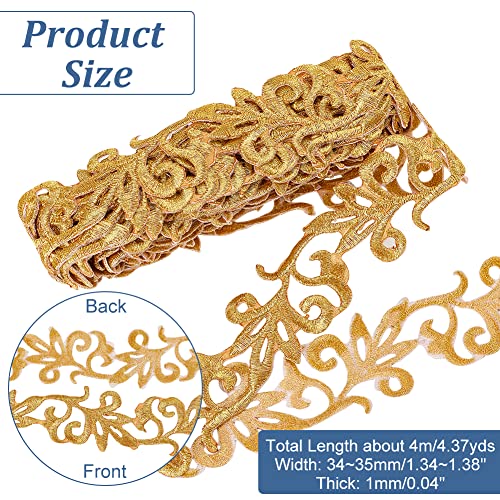 4.37 Yards Gold Borduur Polyester Lints, 3,4cm Brede Zelfklevende Goldenrod Lace Trim Iron op Metallic Flower Lace voor Naaikostuums Jurken Home Decor Garment Accessoires