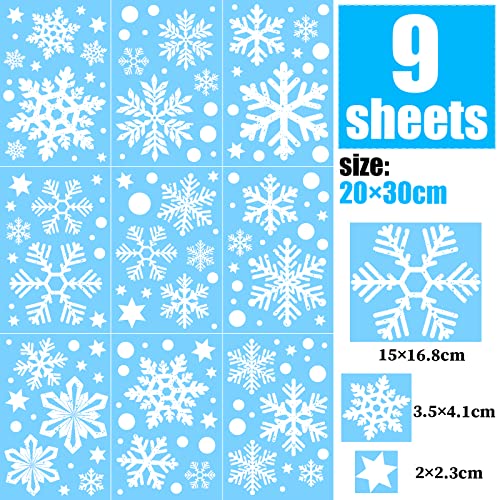 9 Sheet Large Size Kerst Snowflake Stickers Herbruikbare Xmas Window Clings PVC Static Self Sticker voor Kerstmis Winter decoraties Party Ornamenten