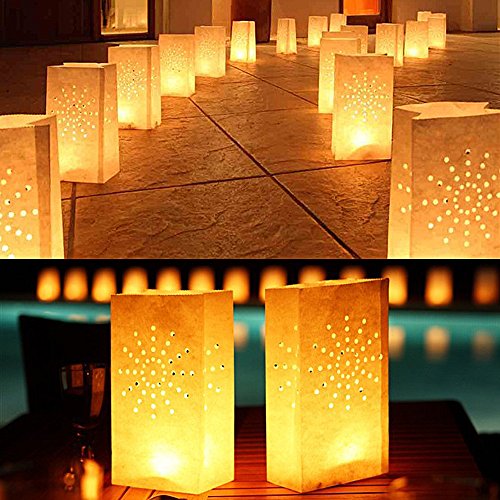 Verpakking van 50 lichtzakken, papieren zakjes voor theelichtjes en kaarsjes met zonnepatroon voor thuis bruiloft viering decoratie (26 x 15 x 9 cm) 4