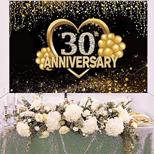 Happy 30th Anniversary Decoration Banner, 30th Bruiloft Anniversary Party Supplies Fabric Sign Poster, Black and Gold Achtergrond Decor Photo Achtergrond Welkom Sign, 150cmx90cm 3