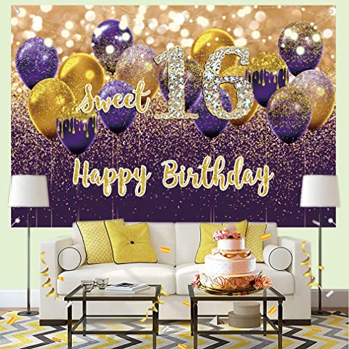 16e verjaardag decoratie meisjes, Violet stof sign poster, gelukkig 16 verjaardag achtergrond Banner meisje verjaardag feest decoratie 3