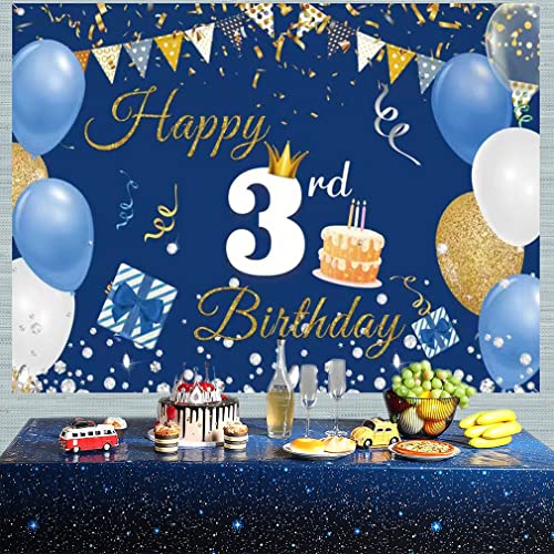 Gelukkige 3e verjaardag achtergrond partij decoratie Banner voor jongen/meisje gelukkig 3 jaar oude stof tekenposter, blauw fotografie achtergrond derde verjaardag feest tabel decoratie, 150cm x 90cm 5