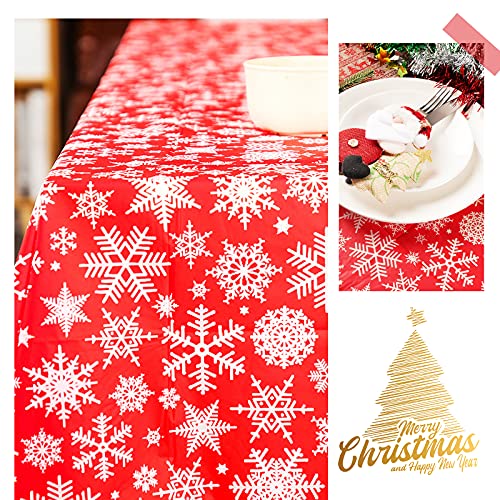 2 stuks Kerstmis Tafeldoek, Rood, 137 x 274 cm, Rechthoekige, Waterafstotende Sneeuwvlokken, Wasbare Plastic Tafellaken voor Party, Kerstmis, Verjaardag etc. 4