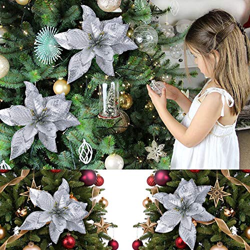 Kerst Bloemen 24 Pieces Zilver Glitter Kunstbloemen Ornamenten Kerstboom Decoratie Kerstmis Krans Decoratie voor kerstbomen Advent Kralen 5